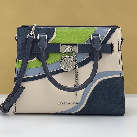 MICHAEL KORS Hamilton Small Patchwork Satchel NAVY MULTI COLOR - Picture 7 of 16